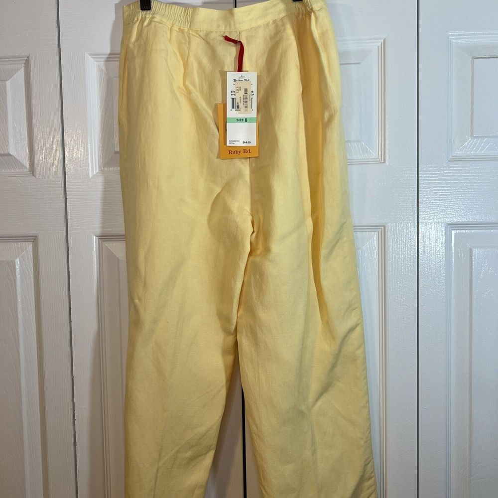NEW Ruby Rd Linen Blend Pants Yellow w/ Elastic at Waist Lined Women's Size 8 - Picture 3 of 7
